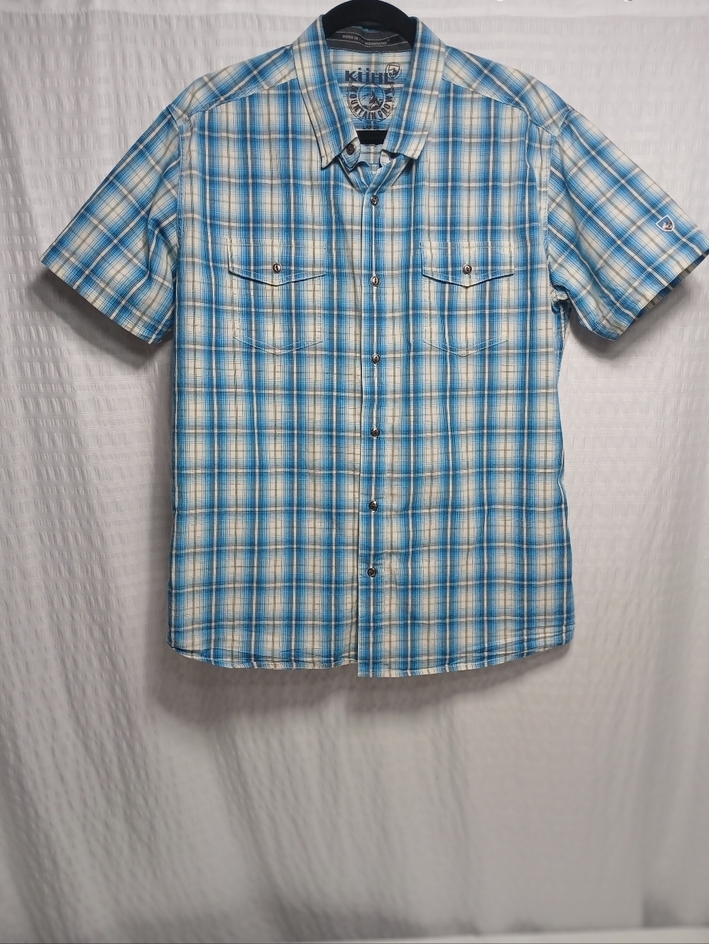 Kuhl Men's Brisk Short Sleeve Cotton/ Linen Plaid Button Up Shirt. L